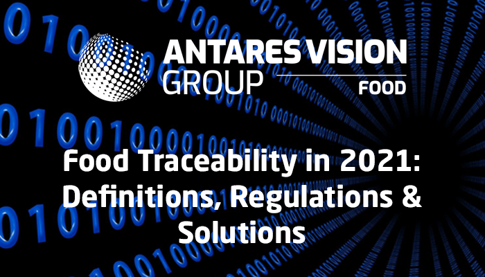 The Antares Vision Group Food logo floats in an array of ones and zeroes that represent the digital supply chain and food traceability technologies