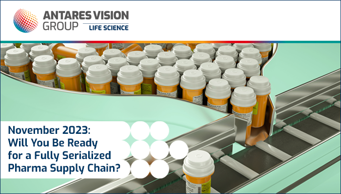 Serialized bottles of prescription drugs on a manufacturing line comply with DSCSA 2023 serialization Implementation and Compliance Guideline
