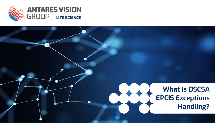 Una complessa rete di punti collegati da luci bianche illustra la gestione delle eccezioni EPCIS DSCSA