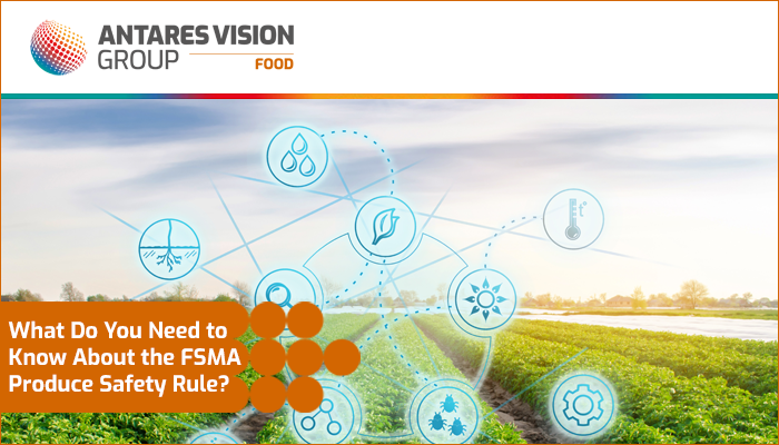 A field on a farm with digital icons representing compliance with the FSMA Produce Safety Rule